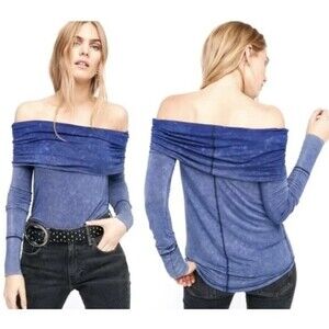 Free People Blue Cosmo Tie Dye Cowl Neck Off Shoulder Top Shirt OB546687. Sz XS